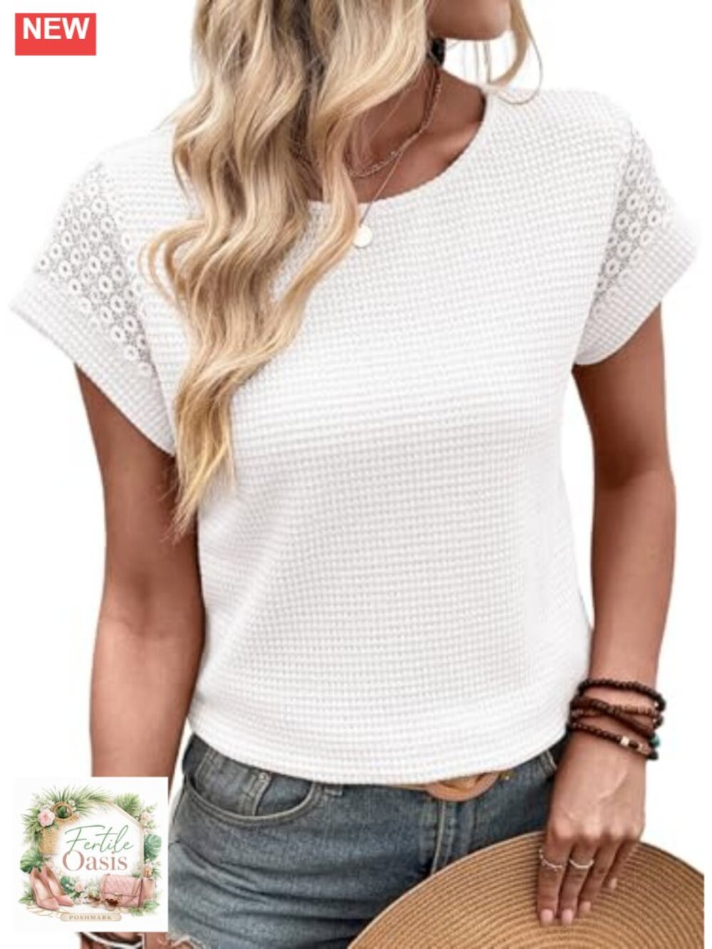 Waffle Knit Lace Short Sleeve Tee Crewneck Loose Top